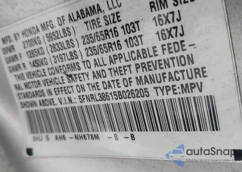 2005 Honda Odyssey Exl z USA, uszkodzony, nr VIN 5FNRL38615B026205